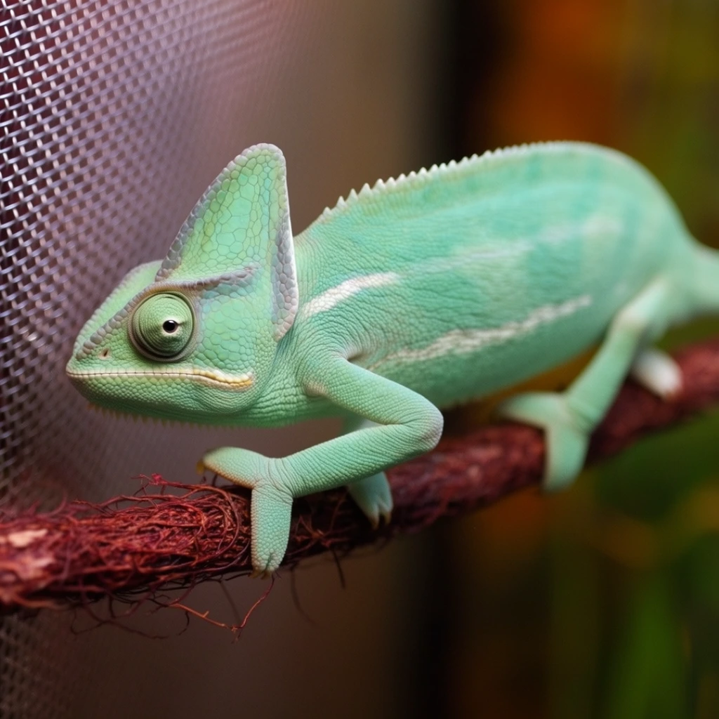 A vibrant mint-green chameleon rests on a textured reddish-brown branch inside an enclosure. The reptile features a prominent raised crest on its head, granular skin with a faint white lateral stripe, and a jagged dorsal ridge along its spine. Its characteristic conical eye looks forward, while its specialized, pincer-like toes tightly grip the fibrous vine. In the upper left, a blurred metallic mesh screen is visible. The remaining background dissolves into soft, out-of-focus hues of dark amber and murky green. The close-up macro photograph uses a shallow depth of field to sharply define the intricate skin textures against the smooth bokeh, illuminated by diffused lighting that enhances the pastel green tones.