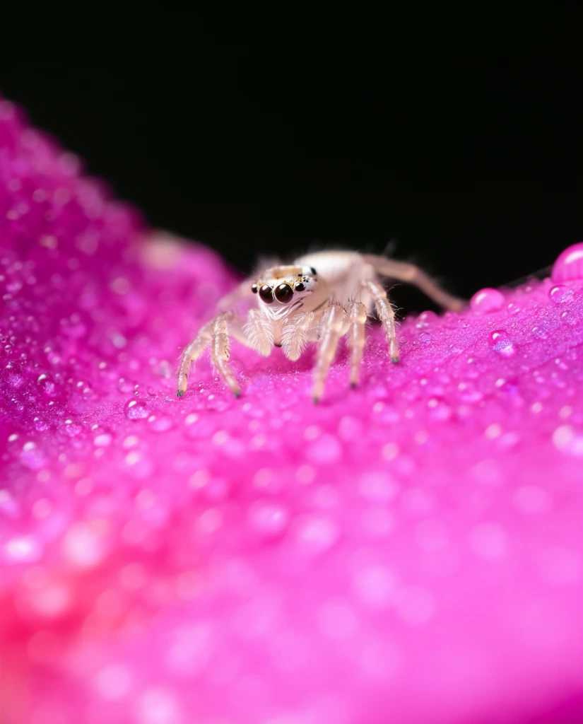 A tiny, pale jumping spider rests on a vivid magenta flower petal covered in minute water droplets against a pitch-black background. The spider's front features are in sharp focus, revealing multiple dark eyes and fuzzy, translucent tan legs spread out on the curved surface. Extreme macro photography with a very shallow depth of field blurs the foreground into smooth, glowing pink bokeh while perfectly isolating the arachnid's face. The glistening dew catches the light, adding a sparkling texture to the vibrant plant matter. The stark, solid black backdrop creates striking contrast, emphasizing the bright neon pinks and the delicate, intricate anatomy of the spider under soft, precise lighting.