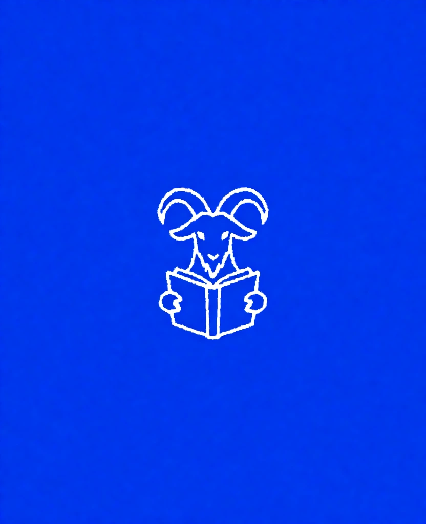 centered white minimalist pixelated graphic of a goat with large curved horns holding an open book, placed against a solid flat royal blue background, mimicking the aesthetic of a retro 1990s computer terminal or blue screen of death, high-contrast white-on-blue palette, lo-fi digital textures, aliased edges, minimalist composition, nostalgic computing visual language, flat lighting, ample negative space.