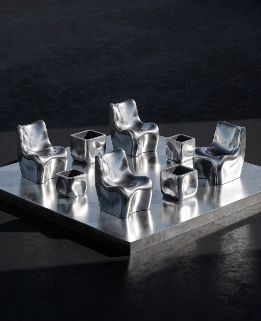 four sculptural lounge chairs and four matching geometric planters arranged on a square platform, all fabricated in mirror-polished cast aluminum with dramatic vertical specular highlights, sharp high-contrast studio lighting casting deep hard shadows, centered eye-level composition, seamless matte black charcoal background with subtle textural grain, industrial product catalog aesthetic, cold monochromatic silver palette, sleek minimalist forms reflecting a void-like environment