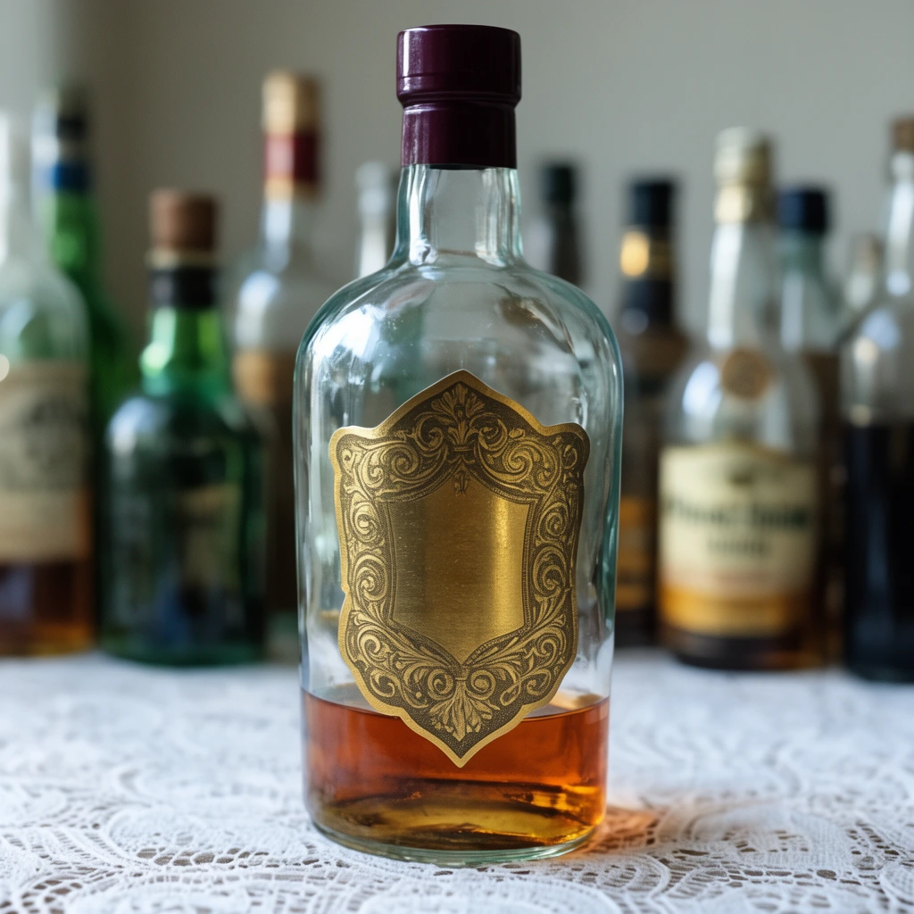 partially empty clear glass liquor bottle containing amber liquid, ornate metallic gold shield-shaped label with intricate filigree, dark maroon cap, resting on a white patterned lace tablecloth, blurred background with assorted glass bottles, soft natural lighting, shallow depth of field, still life photography