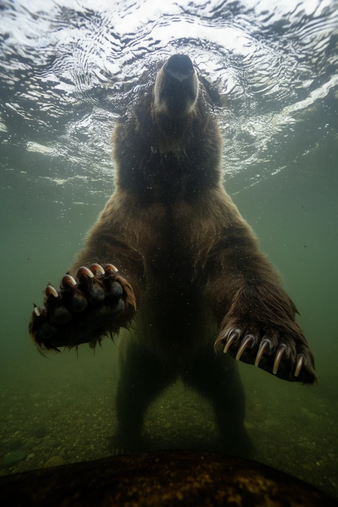 An underwater shot captures a large brown bear standing upright in murky, greenish water, with its head breaking the surface. The camera angle is low, looking up at the bear's imposing silhouette against the rippling, bright surface of the water above. The bear's front paws are extended forward towards the lens, showcasing prominent, sharp claws on broad, dark pads. The thick, wet fur appears dark and matted in the dim underwater lighting, illuminated by soft, diffused light filtering through the disturbed water surface. Fine particles and bubbles are suspended in the water column around the bear's legs. The riverbed below is barely visible, composed of dark pebbles and sand, partially obscured by a dark, curved object in the immediate foreground, possibly a rock or log.