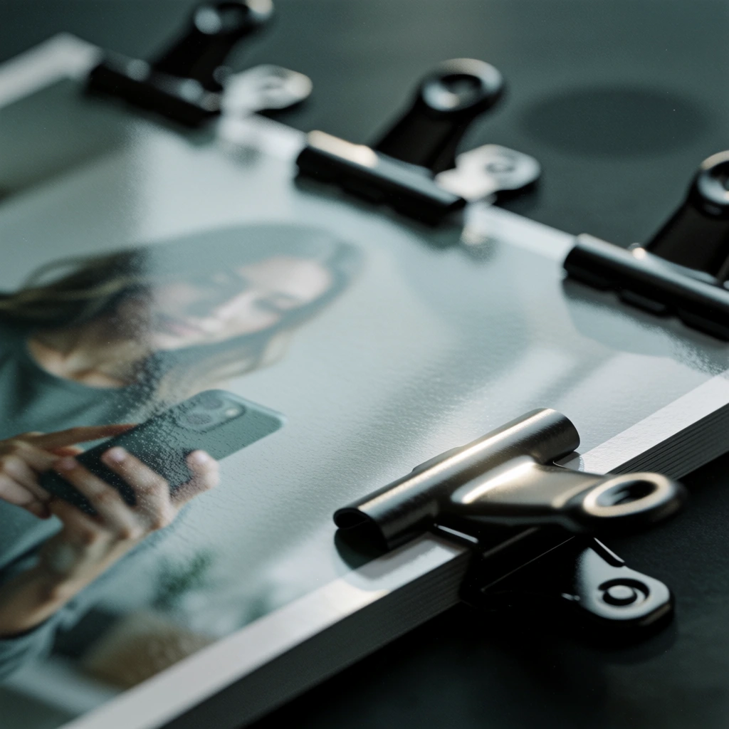 diagonal low-angle macro shot, heavy cardstock poster secured by four industrial matte black clips, extremely shallow depth of field with sharp focus pinned on the metallic texture of the foreground clip, semi-glossy surface reflecting a soft blurred silhouette of a woman holding a smartphone, cinematic teal and charcoal color grade, high-contrast moody lighting, heavy organic film grain, tactile professional brand aesthetic, muted cool tones, minimalist diagonal composition.