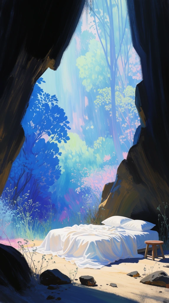 A bed covered in bright white crumpled sheets and two pillows rests on the sandy floor inside a dark, cavernous space. A small wooden stool sits nearby among scattered dark rocks and sparse, wispy weeds. The jagged cave opening frames an ethereal, brightly lit forest with hazy, stylized foliage in vibrant cobalt blue, pale aqua, and soft green. The dreamlike digital painting is rendered with broad, sweeping vertical brushstrokes, contrasting the deep, shadowy black and tan textures of the cave interior against the luminous glow of the surreal outdoor landscape.