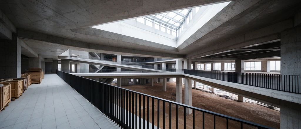 A cavernous, multi-level architectural interior constructed of raw concrete features intersecting walkways and expansive geometric voids. In the foreground, a light gray tiled balcony bordered by a stark black metal railing runs diagonally, passing stacks of wooden crates. Below, a vast, unfinished ground level with a brown earthen floor is punctuated by colossal concrete pillars. Multiple tiers of balconies zigzag through the open space, leading toward distant windows. The ceiling is dominated by a gigantic trapezoidal skylight, flooding the brutalist structure with bright natural daylight. A deep, wide-angle perspective emphasizes the sheer scale and sharp diagonal lines of the modern architecture, contrasting cool, monochromatic grays with warm brown accents.