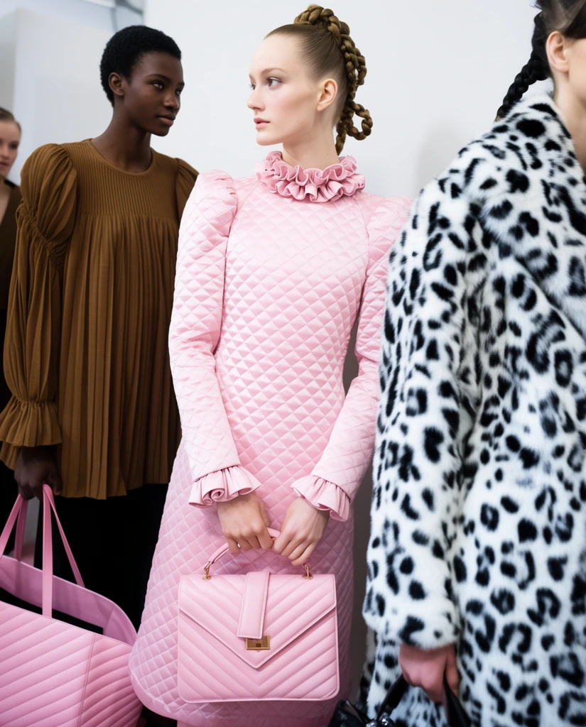 Backstage fashion photography of models showcasing highly textured garments. A central pale-skinned model in a quilted pastel pink dress with a ruffled collar and looped braided hair holds a matching chevron-quilted handbag. She looks left toward a Black model in a brown pleated top carrying a large pink tote. The right foreground features a model in a thick white and black leopard print faux-fur coat. Bright lighting emphasizes rich fabrics, structured silhouettes, and crisp detailing against a minimal white environment.