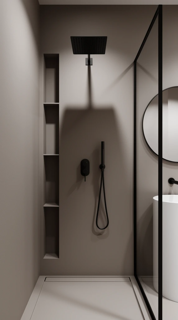 A minimalist contemporary shower stall defined by smooth taupe walls and matte black fixtures. A prominent square rain showerhead casts a stark shadow above a handheld shower wand and cylindrical control knob. A tall recessed wall niche offers narrow shelving. To the right, a black-framed glass partition reveals a white cylindrical sink and round mirror. Diffused overhead lighting accentuates the sharp geometric interior design.