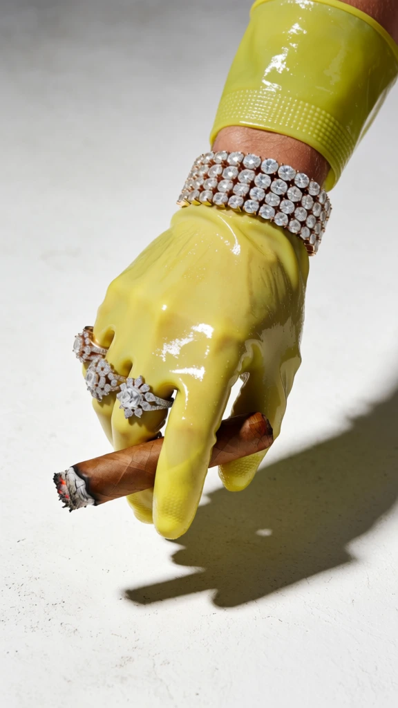 A hand encased in a glossy, lime-yellow rubber glove holds a lit cigar and is adorned with extravagant diamond jewelry against a plain, textured off-white background. The gloved hand, with its fingers slightly curled, holds a thick brown cigar with a smoldering tip of grey and black ash between the thumb and the index finger. Two large, ornate diamond rings featuring a floral or snowflake motif made of numerous brilliant-cut stones are worn on the middle and ring fingers. A wide, multi-strand diamond bracelet with dozens of large, oval-cut stones wraps around the wrist, situated where the glove ends and a small section of tan skin becomes visible. The glove has a thick, textured, and reflective surface, showing highlights from a strong, direct light source. A sharp, dark shadow of the entire hand and the cigar is cast diagonally across the light grey surface to the left and below. The lighting is intense and high-contrast, emphasizing the high-gloss finish of the glove and the multifaceted sparkle of the diamonds. The camera angle is a close-up, slightly angled downward perspective that focuses on the juxtaposition of the industrial-looking glove with the luxury of the jewelry and the cigar.