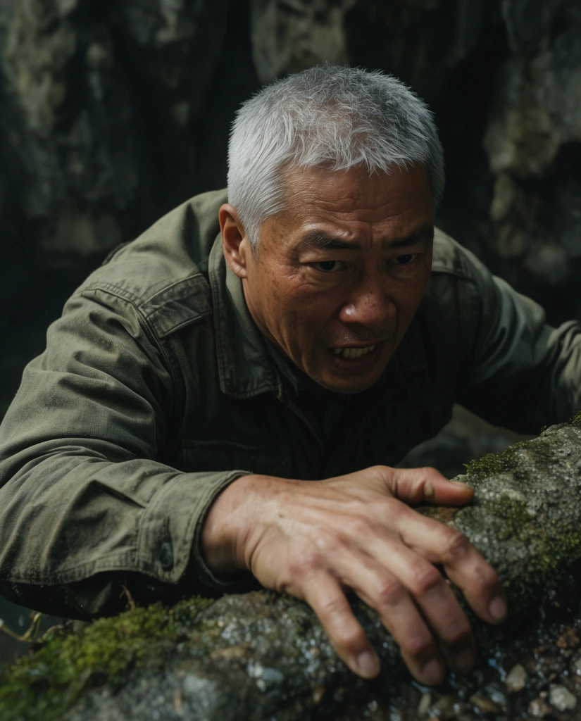 older Asian man with short silver hair pulling himself up over a rocky ledge, intense strained expression, heavy olive-green canvas utility jacket, right hand tightly gripping a damp moss-covered stone edge, blurred dark cave walls in the background, cinematic close-up shot, dramatic directional lighting, shallow depth of field, high-tension atmosphere, highly detailed skin texture, gritty cinematic color grading