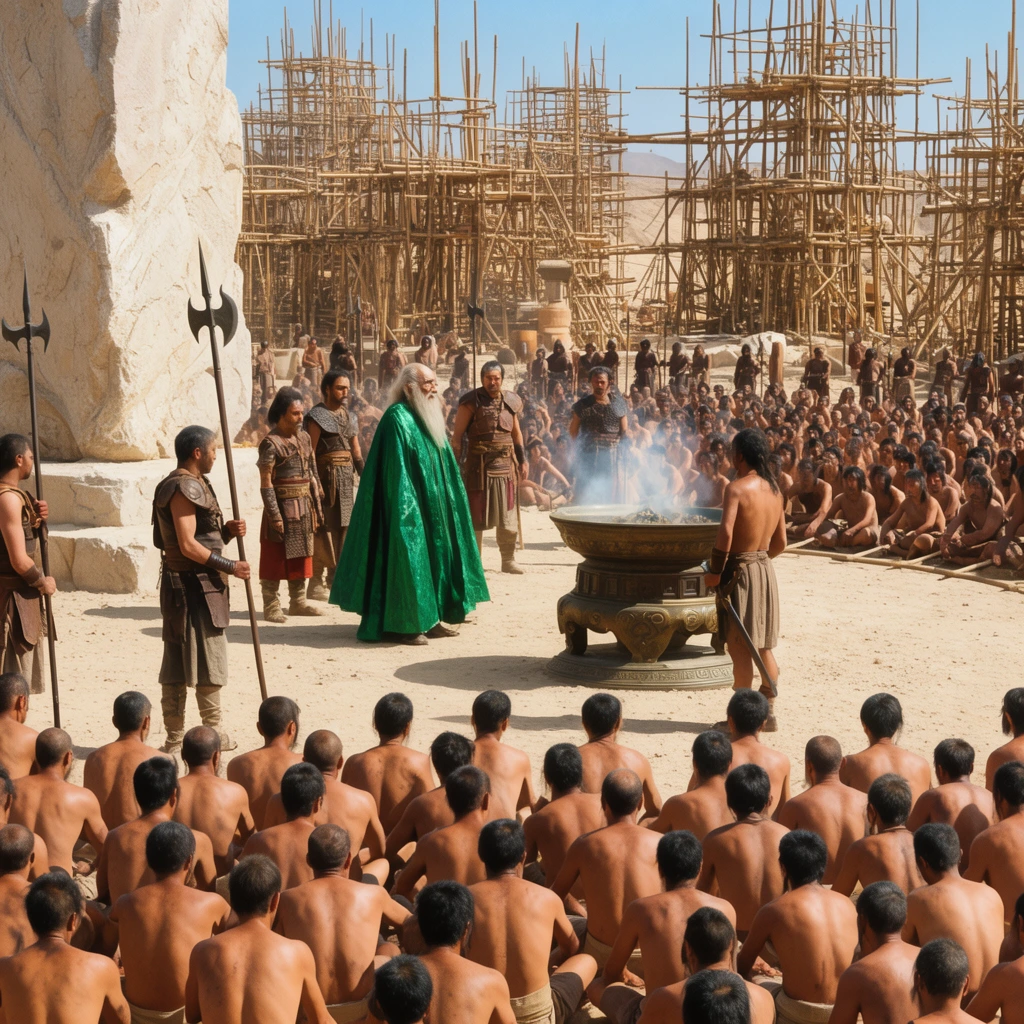 wide cinematic shot of a sprawling desert construction site, intricate bamboo scaffolding framework in the background, massive crowd of bare-backed laborers seated in the foreground facing a central ritual, tall elder in a vibrant emerald-green cloak standing beside a smoking bronze brazier, companions in leather armor, guards holding long halberds around the dusty arena, pale stone monolith on the left, bright midday sunlight, sharp shadows on the arid ground, deep depth of field, vibrant color contrast, epic scale