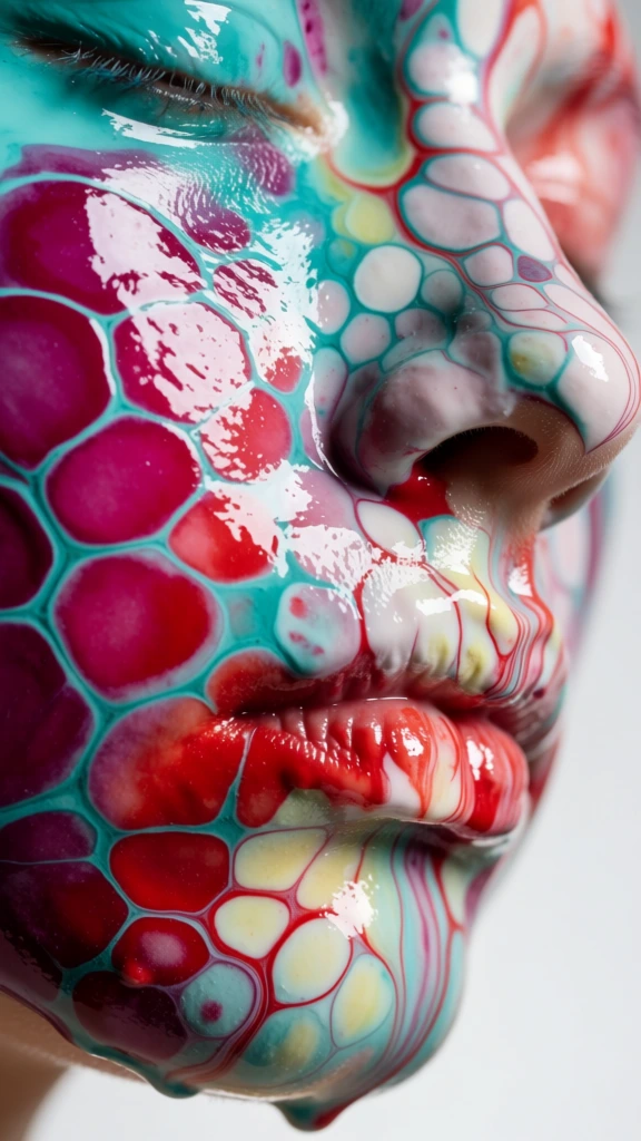 A macro photograph captures the lower half of a human face coated in a glossy, multicolored fluid pattern resembling biological cells or an acrylic pour. The skin is entirely obscured by a thick, wet-looking substance featuring vibrant turquoise, magenta, red, and off-white tones. Large, interconnected magenta and red cellular structures dominate the left cheek, separated by thin, web-like veins of teal. Moving toward the nose and mouth, the pattern shifts into smaller, pale white and light yellow cells outlined by fine red and teal lines. The nostrils and the closed lips are visible beneath the viscous layer, with the red pigment settling into the natural creases of the mouth. The surface of the medium is highly reflective, displaying bright specular highlights that emphasize its smooth, gelatinous texture. The face is positioned in a three-quarter view, with the bridge of the nose on the right and the cheek filling the left side of the frame. The lighting is soft and diffused, coming from the side to accentuate the raised ridges and varying depths of the fluid. The background is a clean, out-of-focus off-white, ensuring the complex patterns and vivid colors of the face are the sole focus of the composition. This extreme close-up uses a shallow depth of field, rendering the central textures in sharp detail while the edges of the face softly blur.