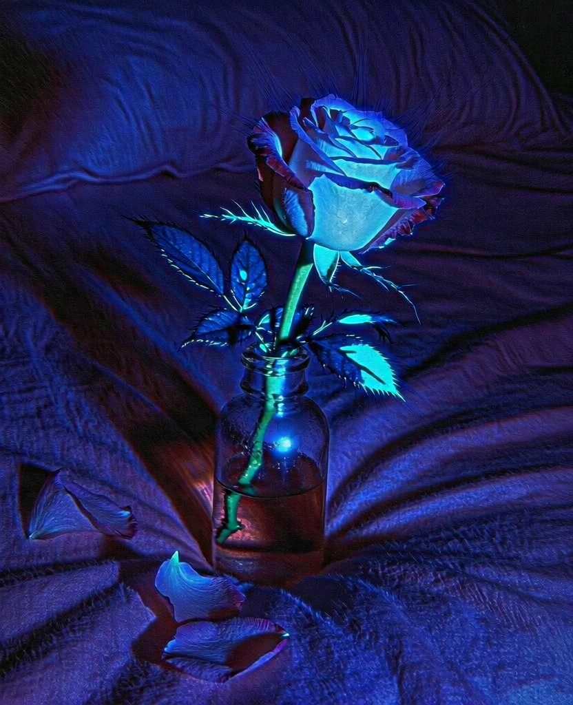 ultra-high contrast surreal macro photography, single rose in a glass bottle on a rumpled indigo bedspread, scattered fallen petals, electric cyan bioluminescence emanating from the flower, deep midnight purple shadows, heavy digital film grain, lo-fi glitch aesthetic, vibrant teal highlights, cold melancholic neon lighting, sharp focus on luminous organic details against a dark textured background, cyberpunk color palette, moody noir atmosphere