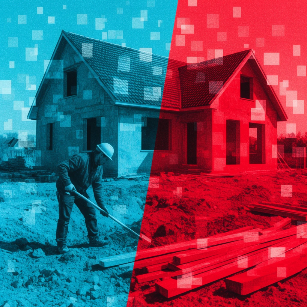 A construction worker in a hard hat uses a long-handled tool on rough dirt before a partially built house with empty window and door openings. A sharp diagonal line divides the gritty, high-contrast composition into stark cyan on the left and vibrant red on the right. Scattered foreground lumber rests on the uneven ground. A digital glitch effect of scattered, semi-transparent white geometric squares overlays the entire duotone scene, enhanced by prominent texture and heavy film grain.