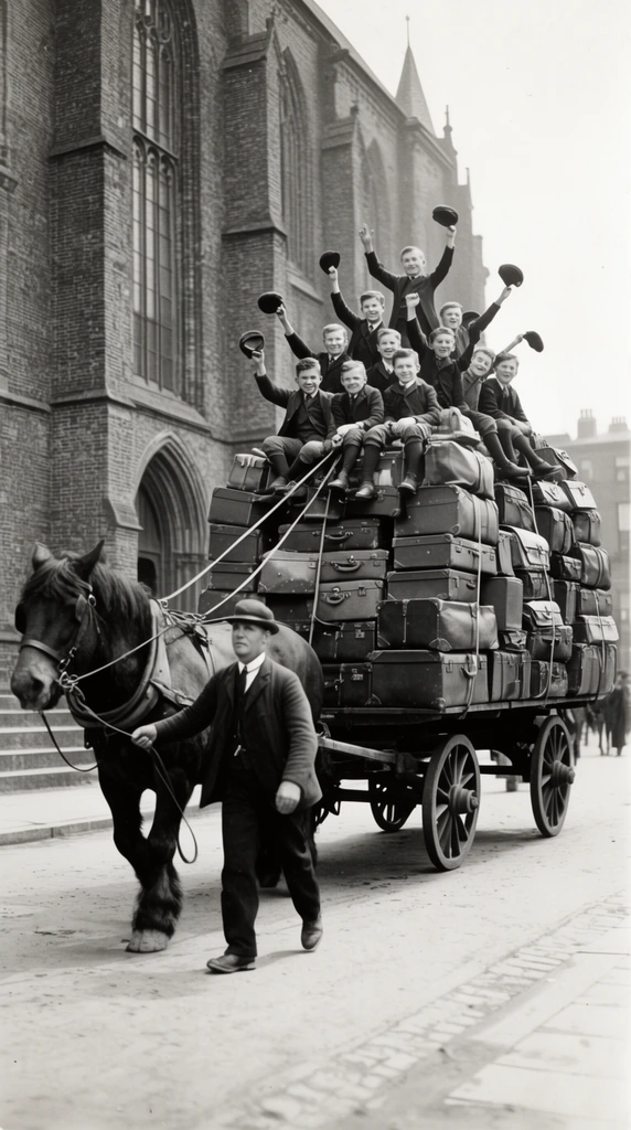 vintage black and white photo, cheering boys atop a massive pile of luggage on a horse-drawn cart, waving caps, man leading a dark draft horse, large gothic brick building, daytime