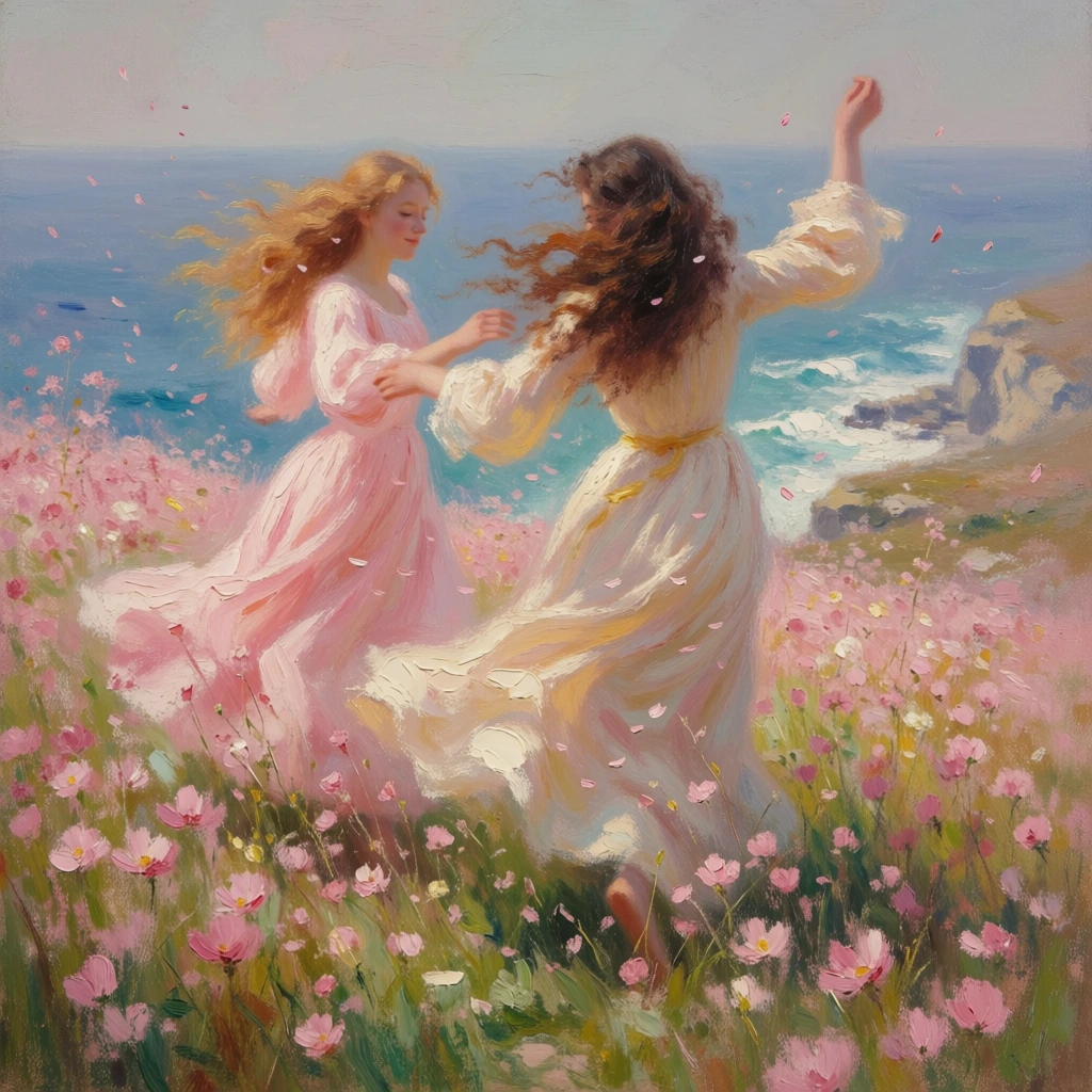Two young women with long, windswept hair dance through a vibrant meadow of pink wildflowers overlooking a vast blue sea. The woman on the left features long, wavy strawberry-blonde hair and wears a flowing, long-sleeved pale pink dress that billows in the breeze. To her right, a second woman with voluminous, dark brown curly hair wears a light cream-colored gown cinched with a yellow sash, her right arm raised high as she twirls. Tiny pink flower petals float through the air around them, matching the dense carpet of pink and white blossoms in the tall green grass at their feet. Both figures are captured mid-motion, their dresses and hair swirling to convey a sense of rapid movement. The meadow slopes toward a rocky cliffside on the right, where the land meets a deep blue ocean with white foamy waves breaking against the shore. A pale, greyish-blue sky meets the horizon in the distance. This impressionistic oil painting utilizes thick, visible brushstrokes and soft, natural lighting that illuminates the scene with a hazy, ethereal glow. The color palette is dominated by soft pastels, including various shades of pink, cream, sea green, and cerulean blue. The perspective is a medium shot from a slightly low angle, emphasizing the dynamic motion of the dancers against the expansive coastal background.
