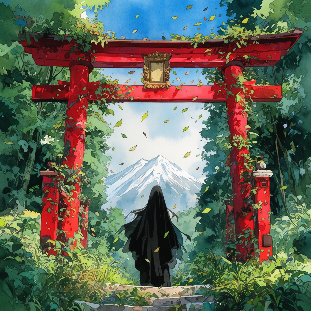 Red overgrown torii gate in dense forest, cloaked figure facing a snow-capped mountain, vibrant anime illustration, blowing leaves, watercolor aesthetic
