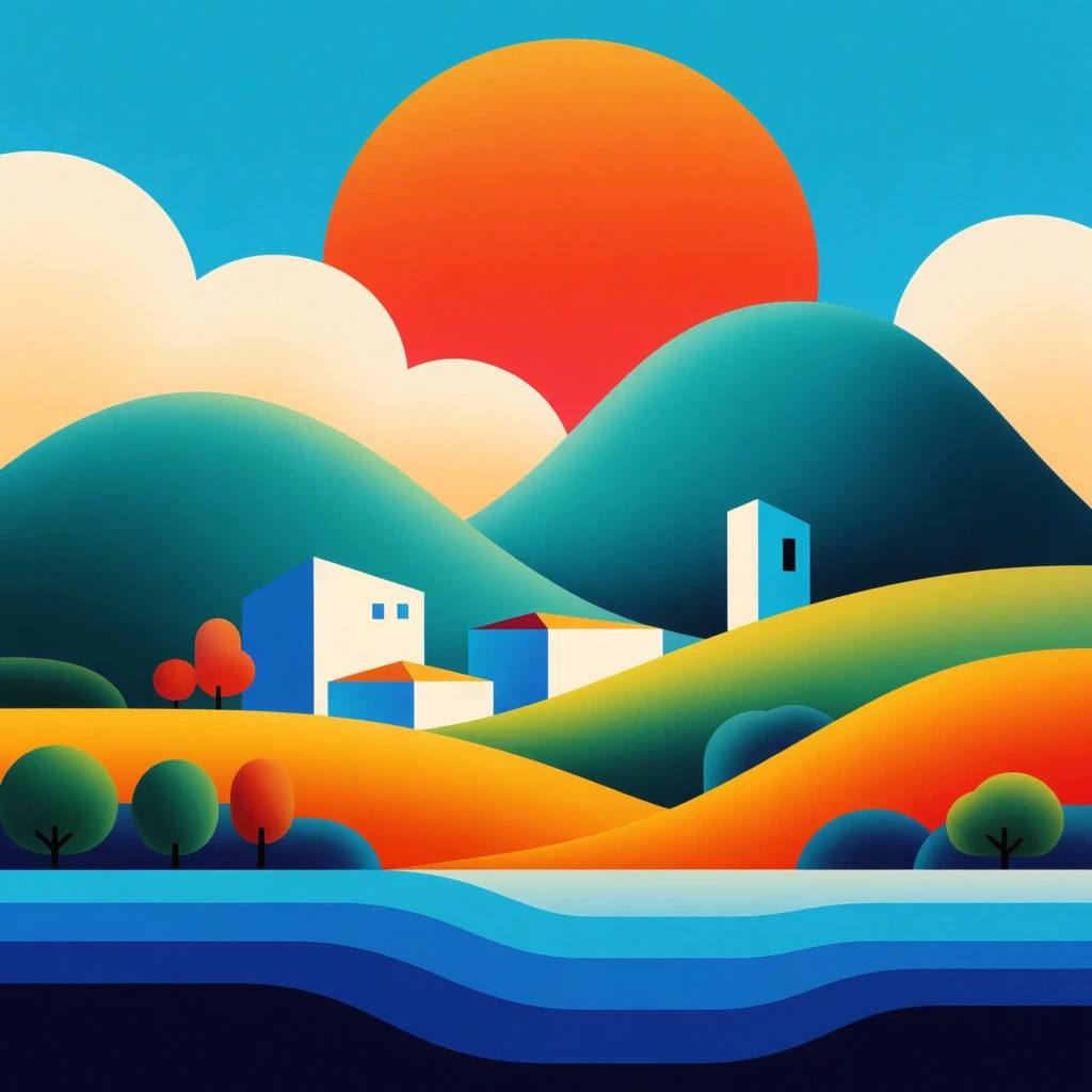 Vibrant stylized vector landscape with rolling teal and golden hills centered around white geometric buildings. A massive round orange sun sits behind smooth mountains and puffy cream clouds. Foreground layered blue water bands and rounded trees complete the bold, high-contrast gradient composition.