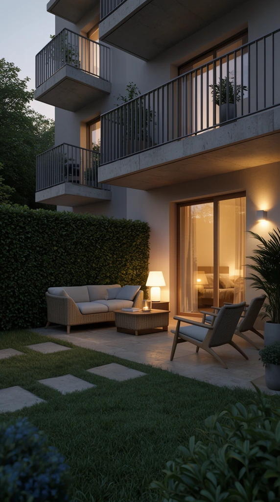modern patio at twilight, woven outdoor sofa and lounge chairs, glowing table lamp, warm interior light spilling through sliding glass doors, tall privacy hedges, grassy lawn with stone pavers, concrete balconies with metal railings above, potted plants, warm wall sconces, photorealistic architectural rendering