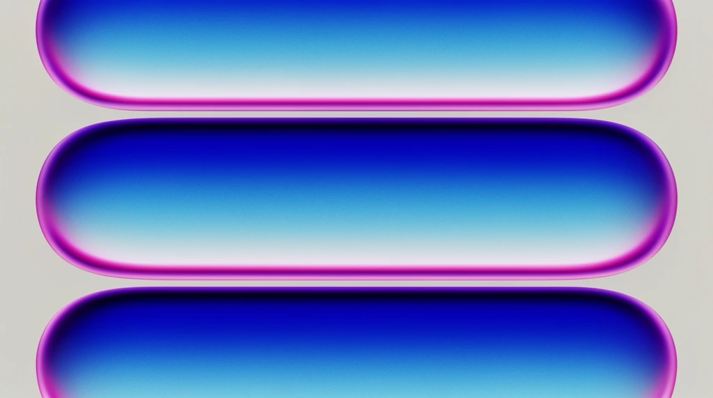 Three horizontal capsule shapes vertically stacked against a pale gray background. Each convex form features a smooth gradient transitioning from deep royal blue to light cyan. Vibrant magenta and dark purple highlight the curved edges, creating a soft 3D embossed volume. A uniform film grain texture overlays the minimalist composition.
