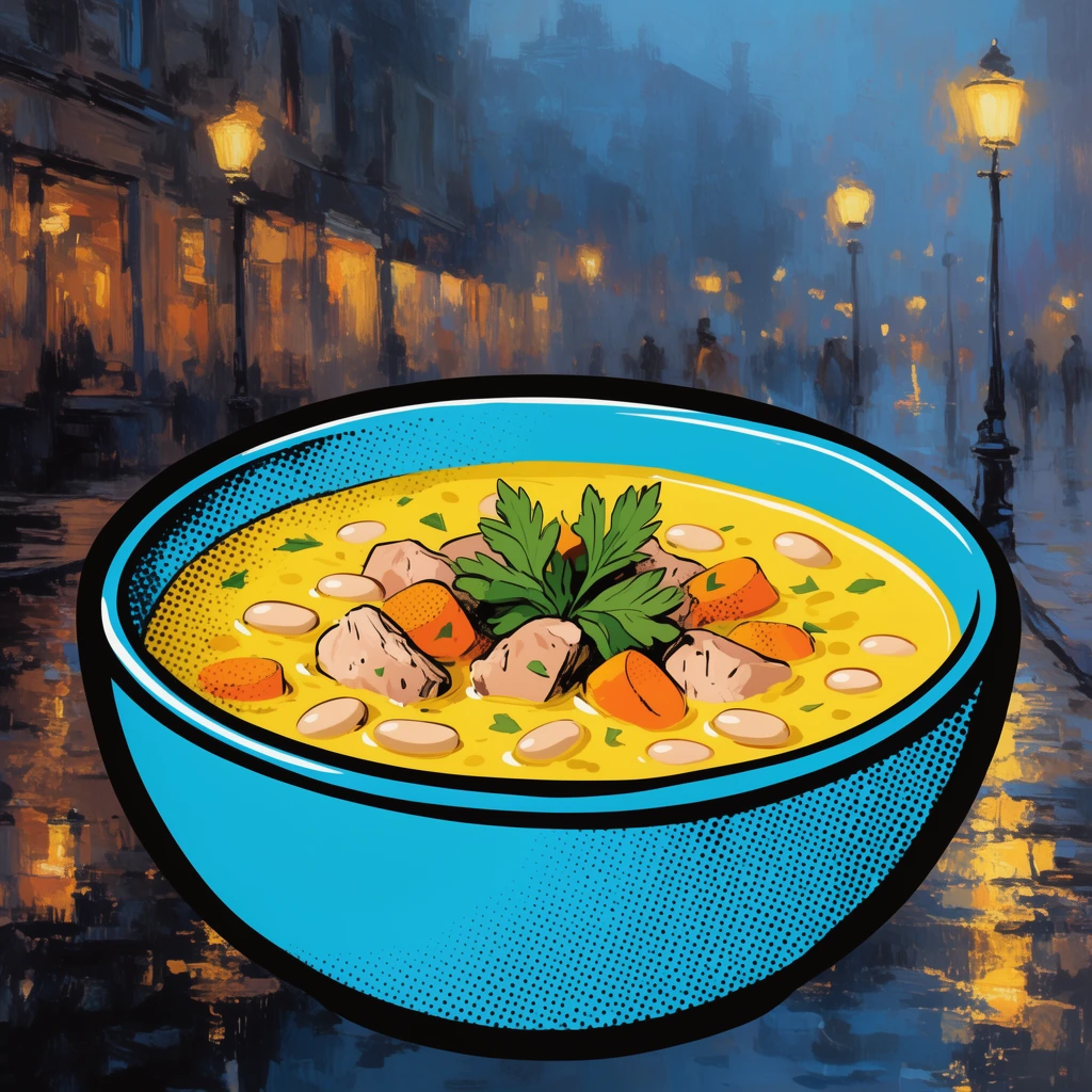 large cyan pop art bowl of soup, thick black outlines, halftone dot shading, yellow broth, white beans, orange carrots, meat chunks, green parsley garnish, contrasting impressionistic background, misty night city street, warm yellow street lamps, wet reflective pavement, moody blue and amber palette