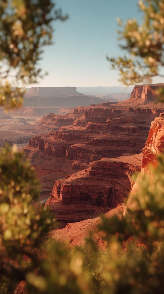 massive desert canyon, layered red rock plateaus in sharp focus, naturally framed by out-of-focus warm green foliage, clear pale blue sky, soft foreground bokeh, warm golden lighting, expansive depth, majestic landscape photography