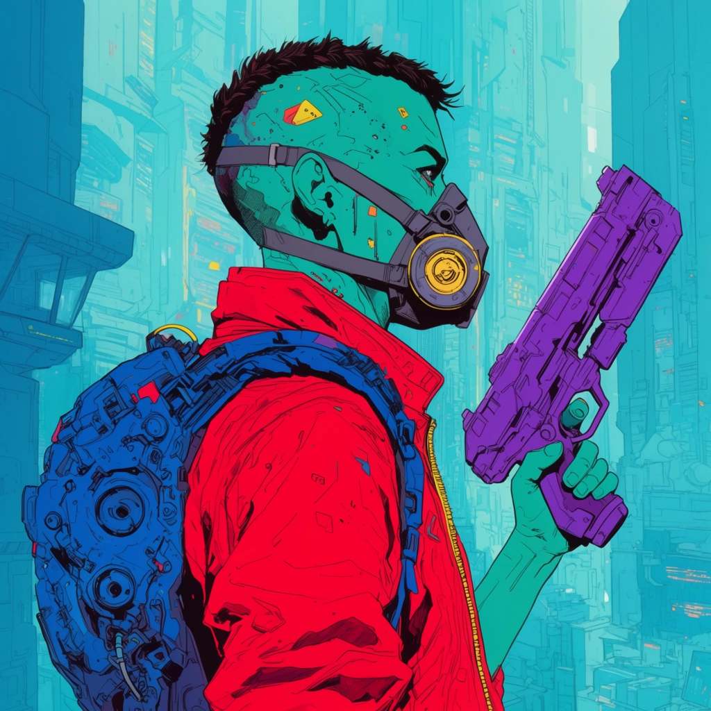 Teal-skinned cyberpunk humanoid profile, red jacket, respirator mask, blue mechanical backpack, purple futuristic gun, cyan sci-fi cityscape background, vibrant comic illustration