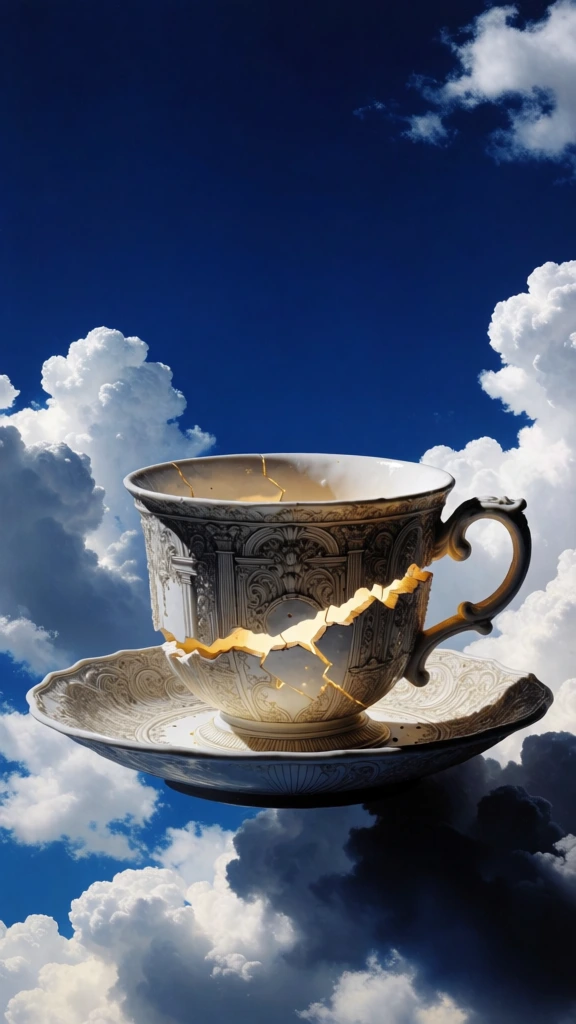 ultra-detailed surrealist ceramic teacup and saucer in the style of an intricate architectural engraving, fine line-art detailing, crisp white porcelain with a prominent horizontal crack revealing a warm golden interior glow, set against a vast deep cobalt blue sky filled with fluffy cumulus clouds, vertical composition, high-contrast lighting with stark black silhouettes, ethereal atmosphere, ivory and gold color palette, moebius-inspired aesthetic, intricate filigree patterns.