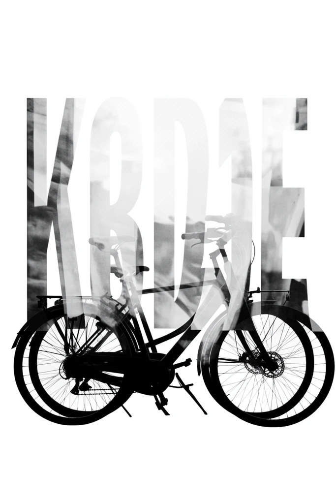 Two bicycles positioned in front of large text, rendered as a stark black-and-white double-exposure composite against a solid, pure white background. The contours of the bicycles and the letterforms act as a crisp silhouette mask, anchoring the lower sections with deep, opaque black tones that transition upward through heavily textured grayscale photographic layers. These internal layers gradient smoothly, dissolving into blown-out white highlights that merge seamlessly with the surrounding white negative space. The interplay of razor-sharp external boundary edges and soft, translucent internal multiple exposures creates a high-contrast, minimalist, monochromatic composition.