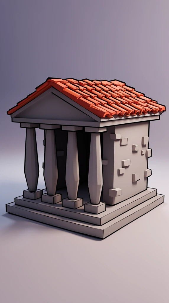 A stylized 3D render of a miniature ancient temple featuring a toon-shaded aesthetic with crisp black outlines defining its geometric forms. The structure rests on a two-tiered rectangular base, presenting a front facade of four stout, tapered grey columns on square pedestals beneath a plain pediment. The gabled roof is clad in vibrant reddish-orange, curved terracotta-style tiles. Its visible right wall is flat light grey, textured with scattered, protruding rectangular stone blocks. Soft, directional lighting casts sharp, dramatic shadows behind the columns and across the structure, enhancing the low-poly, volumetric depth. The architectural model stands centered against a smooth, soft lavender-grey gradient studio backdrop.