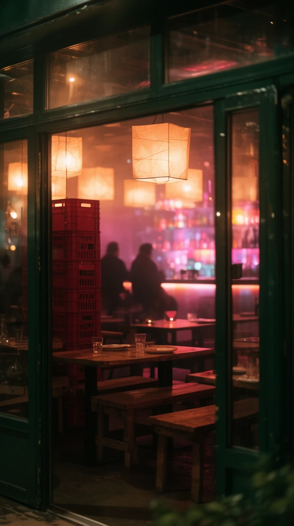view through glass doors into a dimly lit moody restaurant, warm amber and pink lighting, wooden tables and benches, tall stack of red crates, glowing square paper lanterns suspended from ceiling, blurred figures at neon illuminated back bar, dark green exterior framing, cinematic night photography, shallow depth of field, atmospheric haze