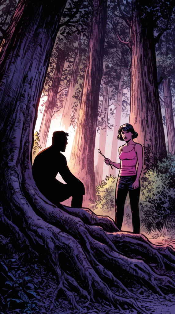 comic book illustration, two figures in a dense forest, silhouetted man sitting on giant tree roots, standing woman in pink tank top holding a small stick, heavy ink linework, crosshatching, towering tree trunks, ethereal backlighting, deep purple shadows, warm rim lighting