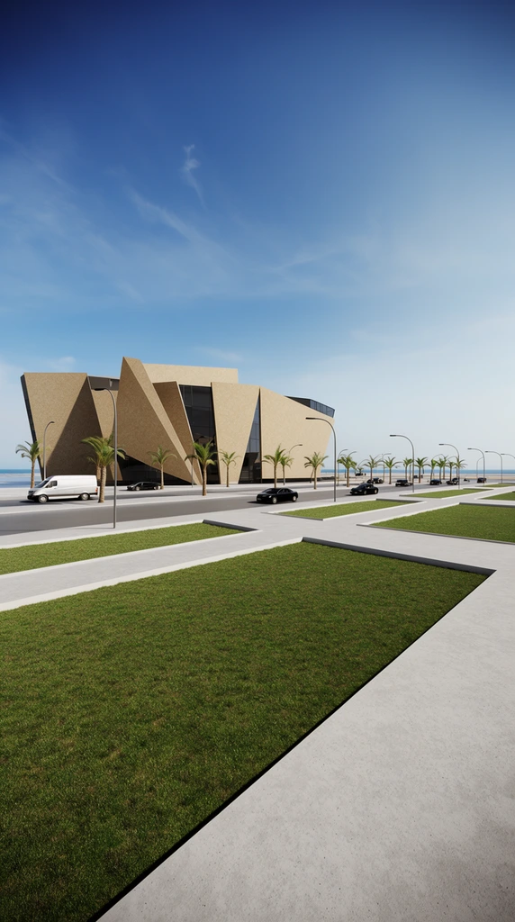 modern geometric architecture, large angular building with sloping sand-colored textured facades and dark glass panels, wide paved coastal road, white van and black sedans, young palm trees lining the street, manicured rectangular grass patches divided by light gray concrete walkways in the foreground, curved streetlights, distant ocean horizon, clear blue sky with wispy clouds, sharp daylight shadows, photorealistic architectural rendering, wide-angle perspective, minimalist urban landscape design