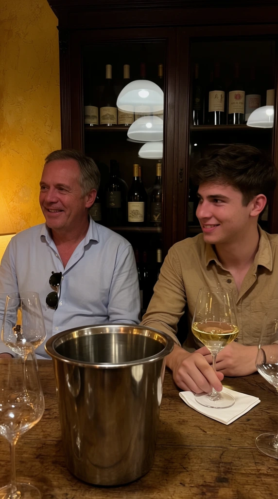 two men seated at a rustic wooden table in a dimly lit room, smiling middle-aged man on left in a light blue shirt looking off-camera with sunglasses tucked into his collar, young man on right in a tan shirt looking left while holding a large glass of white wine over a white napkin, shiny stainless steel spittoon bucket in foreground center, empty wine glasses on the table, dark wooden display cabinet in background containing wine bottles, glass cabinet doors reflecting bright white dome lights, warm textured yellow wall, moody warm ambient lighting, candid indoor photography