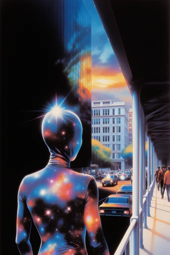 Retro Cosmic Airbrush style reference image — 1980s airbrush illustration