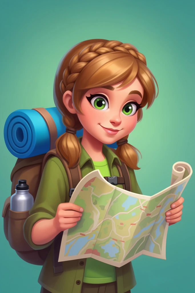 A stylized digital illustration of a cheerful young female hiker examining a large, unfolded map. Designed with expressive cartoon proportions, she features oversized bright green eyes, a gentle smile, and light brown hair styled in a crown braid with two pigtails. She wears an olive-green button-up shirt over a lighter green tee, carrying a bulky brown hiking backpack equipped with a silver water bottle and a prominent bright blue rolled sleeping mat strapped to the top. Her hands gently grip the curling edges of the detailed map. The character is illuminated by soft, smooth shading against a minimalist teal gradient background, emphasizing a polished casual-game aesthetic.