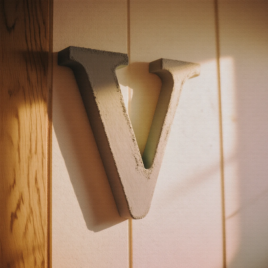 a single large three-dimensional letter v with a matte chalky finish, mounted centrally on a wall of vertical light-oak wooden planks with visible natural grain, captured in warm golden-hour interior lighting with a soft incandescent glow, 35mm film aesthetic with fine analog grain, muted nostalgic color palette of creams and honeyed wood tones, soft focus with slight halation, cozy lived-in studio atmosphere, gentle directional shadows, high-signal tactile textures.