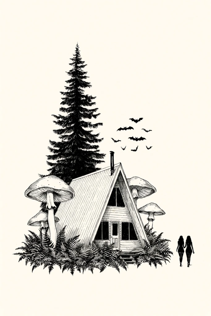 black and white ink drawing, isolated A-frame cabin surrounded by giant mushrooms and dense ferns, tall pine tree towering behind, small flock of bats flying above, off-white background, minimalist composition, tiny silhouette of two women walking away on the right