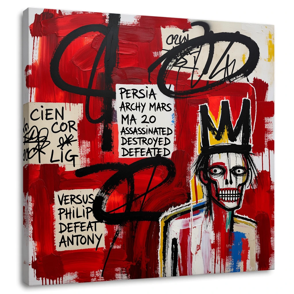 This neo-expressionist artwork features a distorted, crown-wearing figure amidst a chaotic field of vibrant red paint, thick black gestural lines, and fragmented textual elements on a textured canvas. In the lower right quadrant, a franticly rendered head appears with wide, skeletal eyes, bared teeth depicted by a grid of black lines, and a crown-like hairstyle consisting of long, thick black spikes. The figure’s form is constructed from a mix of white, red, and blue vertical streaks that suggest a torso. The majority of the background is covered in deep, saturated red paint applied with visible, energetic brushstrokes. Layered over this red ground are several off-white, rectangular paper-like patches containing handwritten text in black ink. One patch on the middle left contains the words "CIEN", "COR", and "LIG" among other scribbles. Below it, another patch features the text "VERSUS", "PHILIP", "DEFEAT", and "ANTONY". A central white patch displays the words "PERSIA", "ARCHY MARS", "MA 20", "ASSASSINATED", "DESTROYED", and "DEFEATED" in a rough, uppercase font. Thick, sweeping black lines and loops are scrawled across the upper and central portions of the composition, overlapping both the red background and the white patches. The painting is presented as a three-dimensional gallery-wrapped canvas, viewed from a slight angle to show its left and bottom edges against a plain white backdrop. The overall artistic style is raw and graffiti-influenced, characterized by a high-contrast color palette of red, black, and white, with a layered, collage-like composition that emphasizes physical texture and gestural movement.