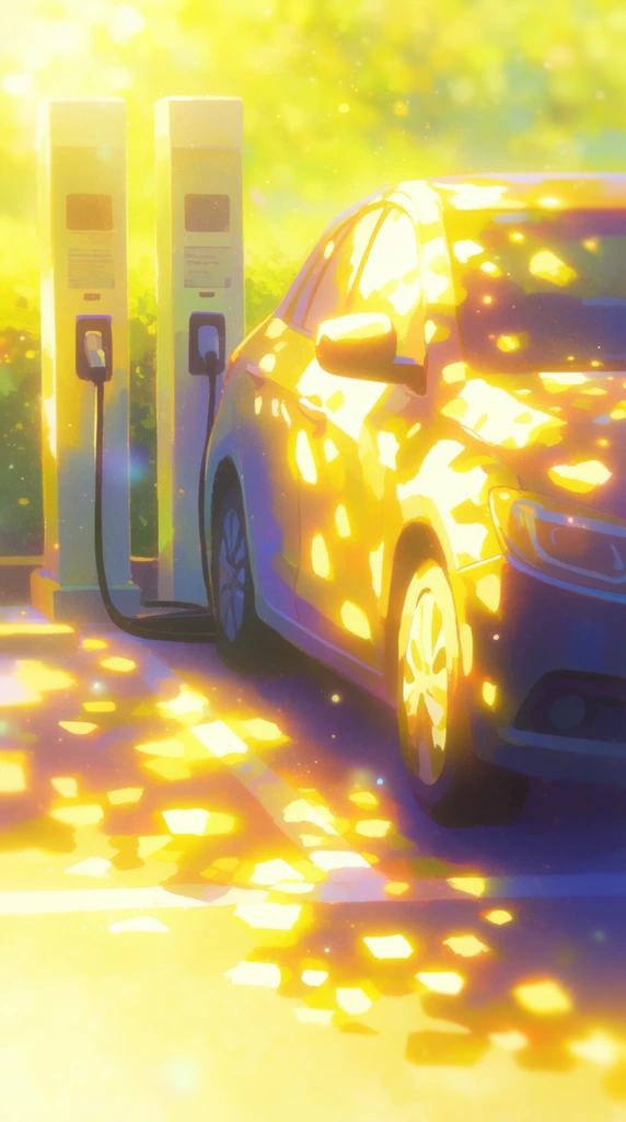 A car parked alongside two charging stations, rendered in the vibrant, painterly style of high-end Japanese 2D animation background art. Intense, glowing golden sunlight washes over the scene, casting distinct, geometrically shaped patches of dappled light across the car's surface and the adjacent ground. The color palette is highly saturated and luminous, featuring deep, cool-toned shadows in rich purples and blues that contrast sharply against blindingly bright yellow and white specular highlights. Soft halation blurs the edges of the intensely lit areas, accompanied by glowing, suspended dust particles scattering the light in the surrounding air. The digital painting technique utilizes smooth gradient transitions in the shaded regions mixed with crisp, distinct edges for the overlapping light patches, establishing an idyllic, sun-drenched, and ethereal atmosphere characterized by an extreme, dreamlike luminance.