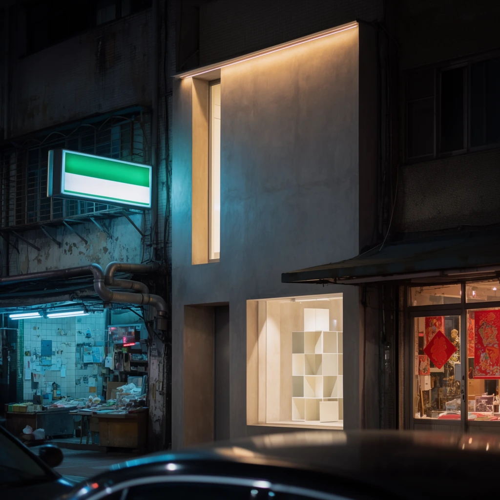 nighttime urban street scene, striking architectural contrast, modern minimalist storefront with smooth gray concrete facade and warm recessed lighting, narrow vertical glowing slit window, bright lower display window revealing white cubic shelving, adjacent older cluttered shops with distressed tiles and cool cyan fluorescent lighting, glowing green and white rectangular lightbox sign, exposed metal pipes, neighboring storefront displaying traditional red paper decorations, out-of-focus dark car roof in the immediate foreground, shallow depth of field, cinematic lighting contrast between warm tungsten and cool neon glows