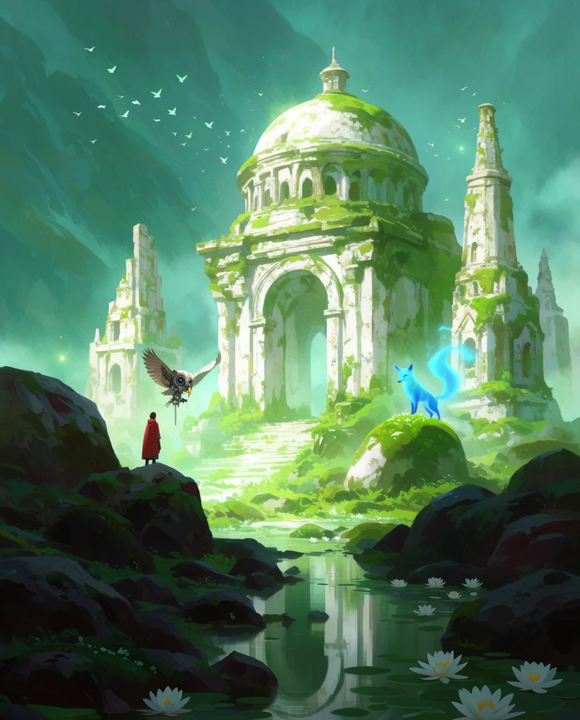 overgrown ancient white stone ruins blanketed in lush moss, grand weathered dome, crumbling spires, lone wanderer in a crimson cloak on a rocky outcrop, hovering mechanical owl, bright blue spirit fox on a grassy boulder, foreground stream reflecting architecture, dark jagged rocks, white water lilies, mountainous background in dense teal mist, flock of white birds in atmospheric haze, majestic fantasy concept art, painterly digital illustration, soft glowing light, emerald and teal color palette