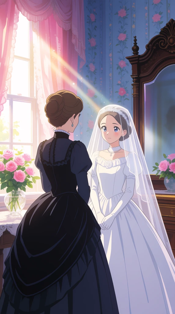 A woman in a dark Victorian dress faces a young bride in a white gown and veil inside a room with blue floral wallpaper. Brilliant sunlight streams through a window with pink curtains, illuminating pink roses. A dark ornate wooden mirror anchors the right in this soft 2D anime illustration.