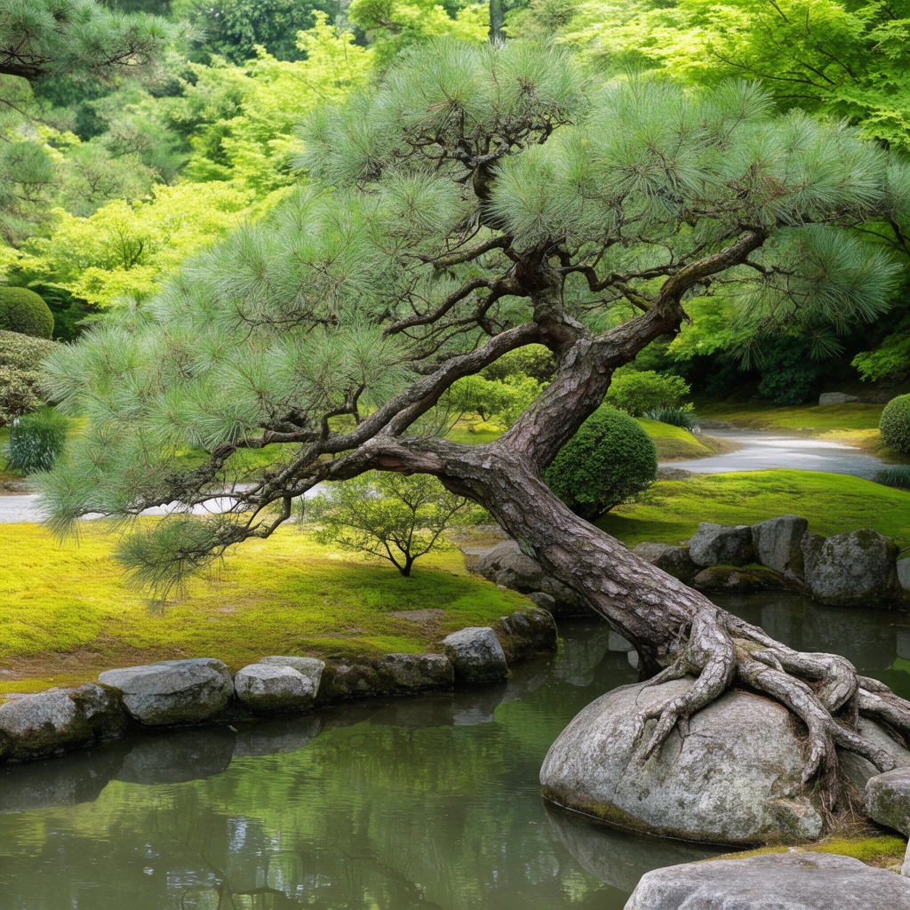 A gnarled pine tree leans dramatically over a calm pond in a mossy garden. Thick roots grip a boulder near the still water. Grey stones border the edge, leading to a winding path surrounded by vibrant green foliage under soft natural daylight.