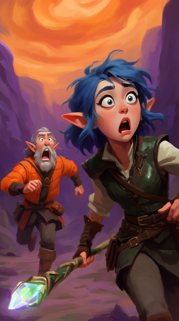 A painterly digital illustration of two elven adventurers fleeing in panic through a purple-hued canyon beneath a swirling orange sky. In the foreground, a young female elf with messy blue hair looks back with wide, shocked eyes. She wears a dark green leather vest and holds a glowing crystal staff diagonally. Behind her, an older bearded male elf is frozen in a mid-run scream, wearing a bright orange padded jacket. The art style features expressive, visible brushstrokes mimicking traditional oils, combined with exaggerated, cartoonish character proportions. The dynamic composition utilizes a shallow depth of field, blurring the background while keeping the frantic expressions in sharp focus.