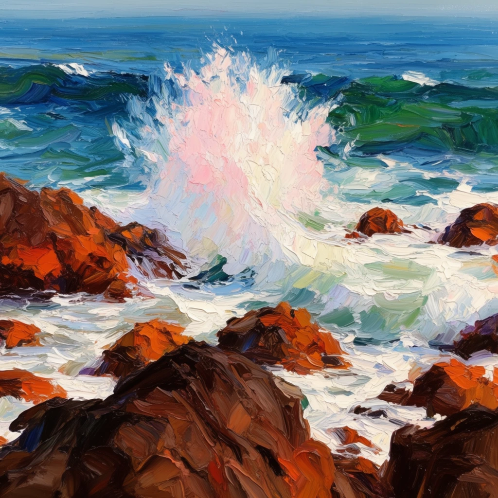 impasto oil painting of a crashing ocean wave, central explosive splash of white and pale pink sea spray, dark brown and rust orange coastal rocks dominating the foreground, scattered jagged rocks surrounded by churning white sea foam, swirling deep blue and emerald green ocean water, distant azure horizon, heavy impasto technique, thick expressive brushstrokes, visible palette knife texture, impressionistic seascape, vibrant contrasting warm and cool color palette