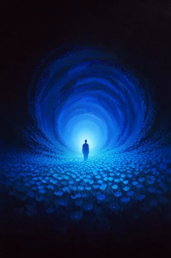 Monochromatic Cobalt Surrealism style reference image — atmospheric scale