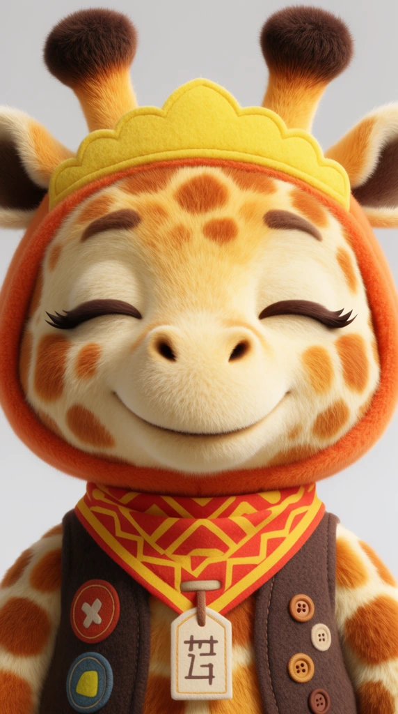 A close-up 3D-rendered portrait of a plush anthropomorphic giraffe smiling warmly with closed eyes. The fuzzy face features brown ossicones, a yellow scalloped crown, and an orange hood border. It wears a dark brown buttoned vest with circular patches over a red and yellow geometric neckerchief. A rectangular tag hangs centrally. Soft studio lighting highlights the felt and fur textures against a minimal light gray background.