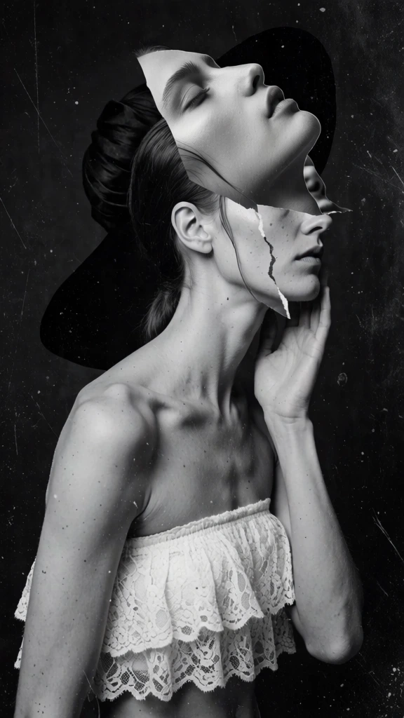 A surreal black and white collage features fragmented and overlapping profiles of a woman’s face and torso set against a dark, textured background. The central figure is a woman with pale skin, prominent collarbones, and bare shoulders, wearing a white, tiered lace bandeau top. Her elongated neck transitions into a side profile facing right, while her right hand with slender fingers rests against the side of her jaw. Layered over the upper portion of her head is a large cutout of a face tilted sharply upward with closed eyes and slightly parted lips. The collage pieces are joined by sharp, irregular edges, including a jagged vertical line running down the cheek of the underlying face. A dark, solid, curved shape resembling a wide-brimmed hat or gathered hair extends behind the head into the deep black background. The entire composition is permeated with fine white speckles, dust, and scratch-like textures, creating a gritty, high-contrast aesthetic. Lighting originates from the left, casting deep shadows that accentuate the contours of the skin and the intricate texture of the lace garment. The perspective is a medium shot from the side, focusing on the distorted, layered portraits of the subject.