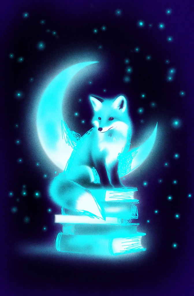 a fox sitting atop a stack of books, a large crescent moon behind the fox, scattered dots for stars, all rendered in a vibrant electric-cyan internal glow against a deep indigo void, heavy digital film grain and gritty noise, soft-focus blooming highlights, lo-fi dreamcore aesthetic, monochromatic cyanotype palette, stippled pointillist texture, frantic hand-drawn scribbled lines integrated into the glowing forms, high-contrast silhouettes, hazy ethereal light