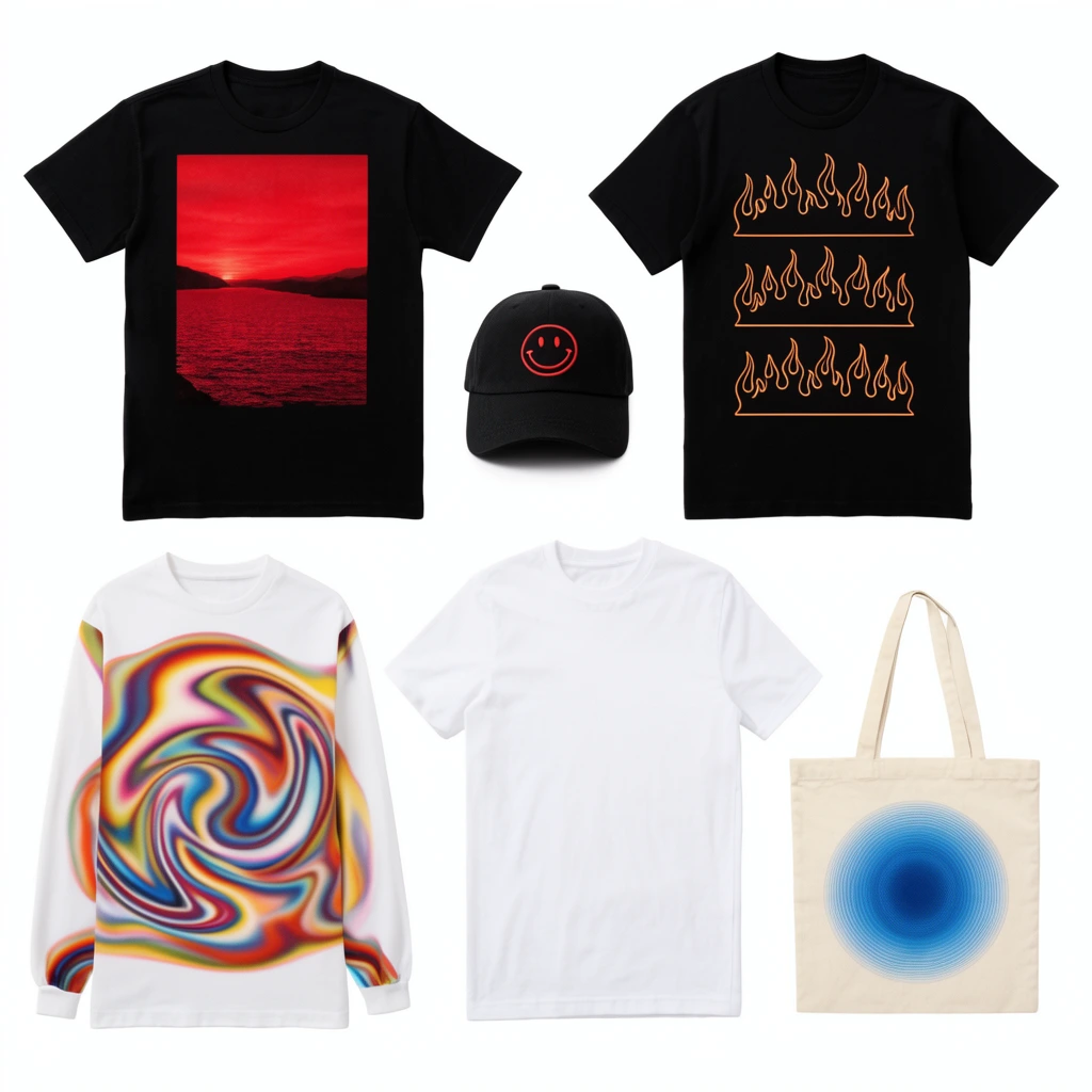 flat lay apparel collection on solid white background, black t-shirt with red sunset landscape graphic, black t-shirt with three stacked orange flame outlines, white long-sleeve shirt with warped colorful swirls, plain white t-shirt, black baseball cap with red smiley face outline, cream canvas tote bag with blue circular gradient optical illusion, top-down product photography, clean layout, studio lighting